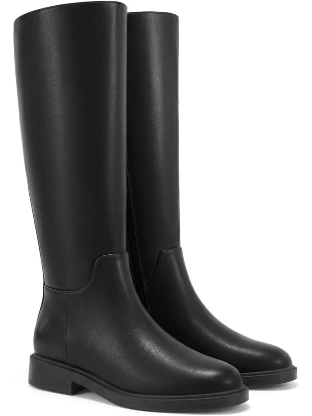 Women's Black Leather Closed Round Toe Side Zipper Chunky Low Heel Casual Boots